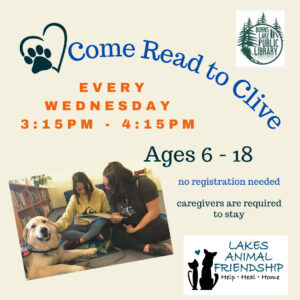 Come read to Clive! Every Wednesday at 3:15pm-4:15pm