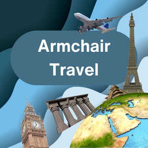Globe with Eiffel Tower, plane flying and text that reads, armchair travel.