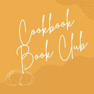 yellow background with text that reads cookbook book club.