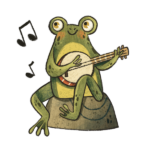 drawing of a frog sitting on a rock playing the banjo.